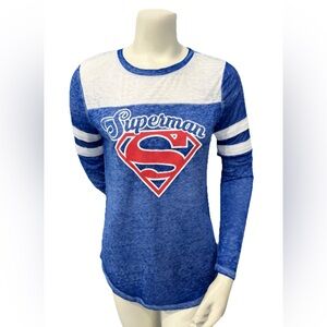 Superman Women’s Juniors Long Sleeve Shirt Blue & White Jerry Leigh Size M (7/9)